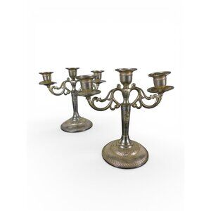 Pair Vintage Silverplate 3-Arm Candelabras Ornate Base